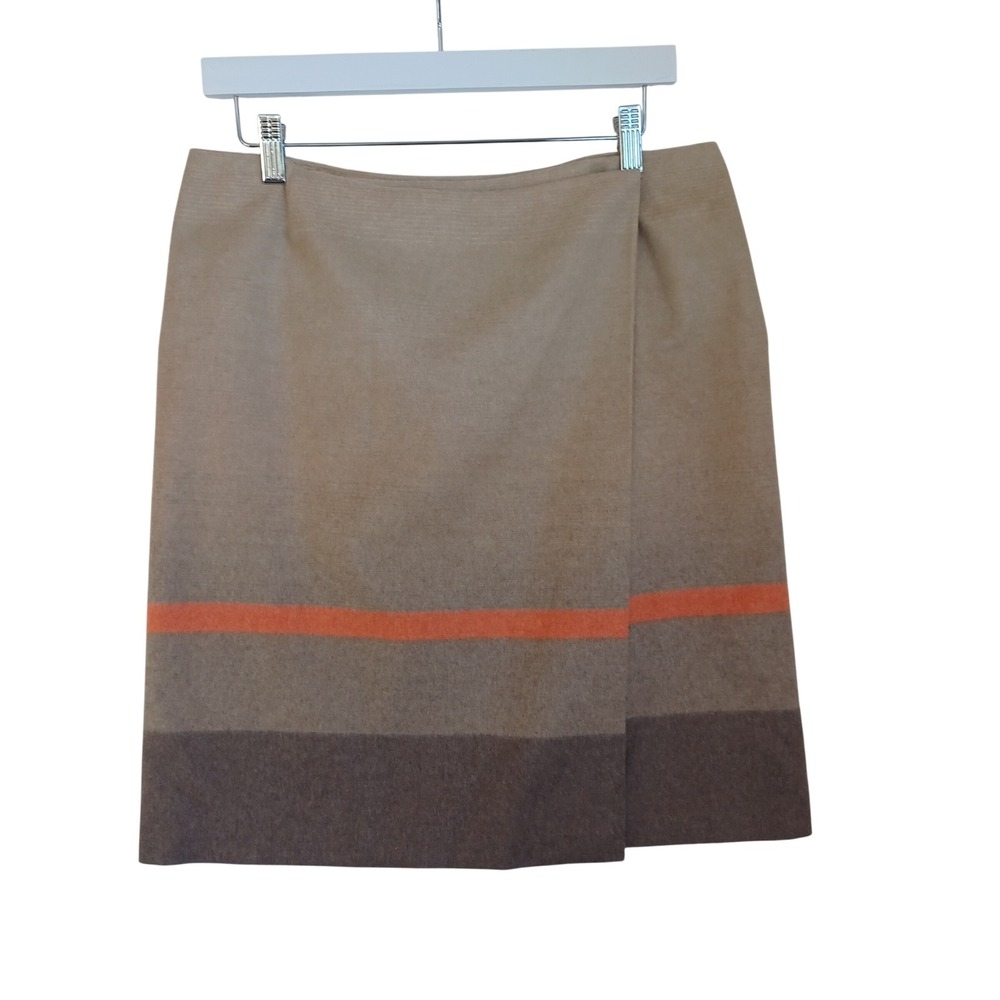 Weekend Max Mara Wool Wrap Skirt Beige Brown Orange Stripe Knee Length Size Med